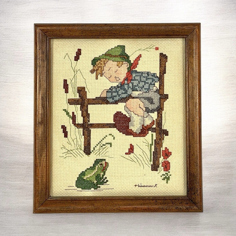 Vintage 1984 Signed Framed Hummel Boy Frog Cross Stitch Needlepoint Folk Art